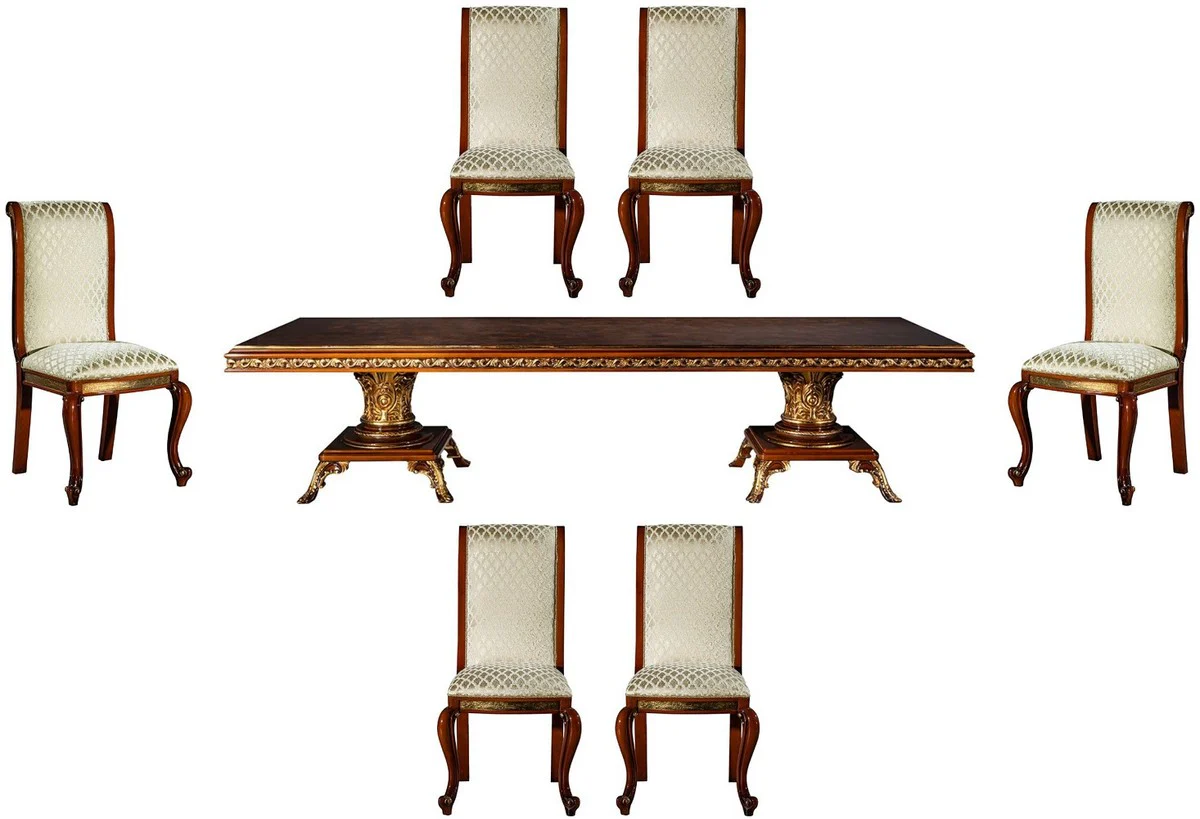 Luxury baroque dining room set gold / brown - 1 dining table & 6 dining chairs - noble dining room furniture in baroque style