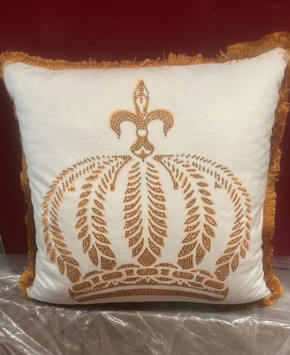 Harald Glööckler Luxus Deko Kissen Pompöös by Krone mit Strass Steinen Weiß / Braun