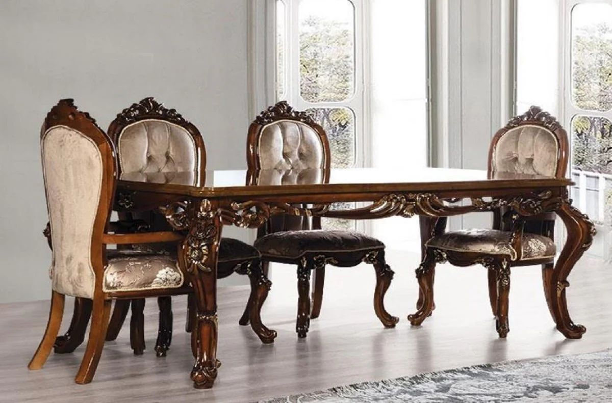 Luxury Baroque Dining Room Set Gray / Brown / Gold - 1 Baroque Dining Table & 6 Baroque Dining Chairs - Dining Room Furniture in Baroque Style - Noble & Magnificent