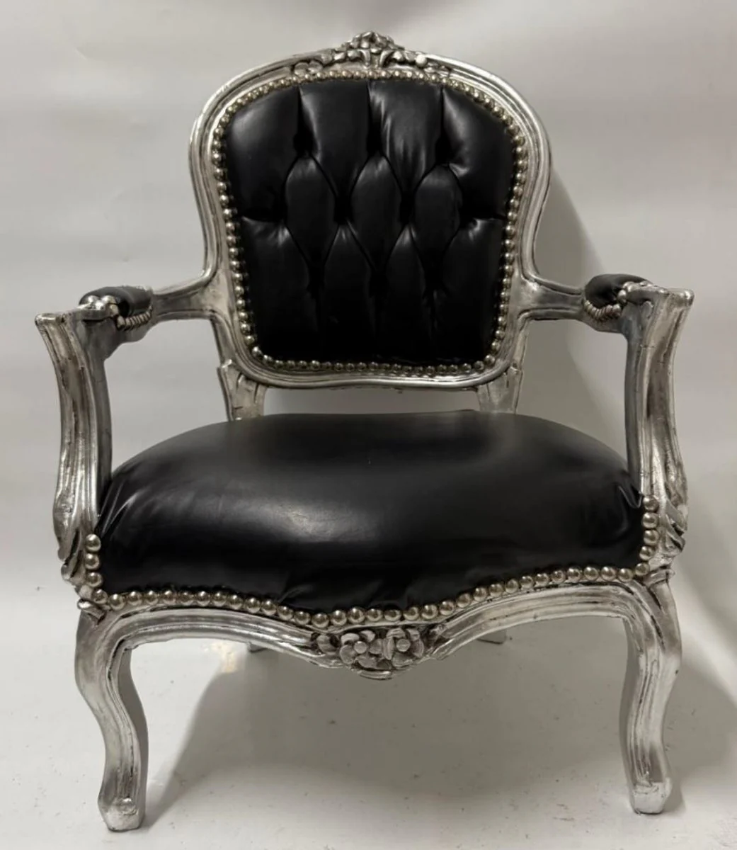 Barock Kunstleder Kinderstuhl mit Armlehnen Schwarz / Silber - Barock Kindermöbel