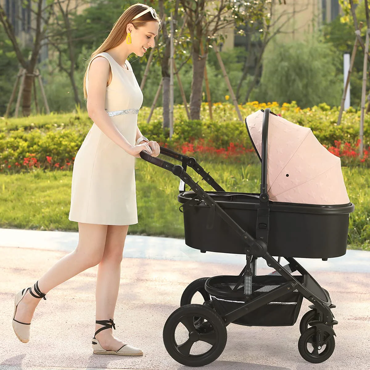 Kinderwagen für Neugeborene und Kleinkinder – Cynebaby 2-in-1 Hochformat, umwandelbar, umkehrbar, stoßfest, Stubenwagen, Kinderwagen, Kinderwagen, mit Getränkehalter, Fußsack und Wickeltasche (grün)