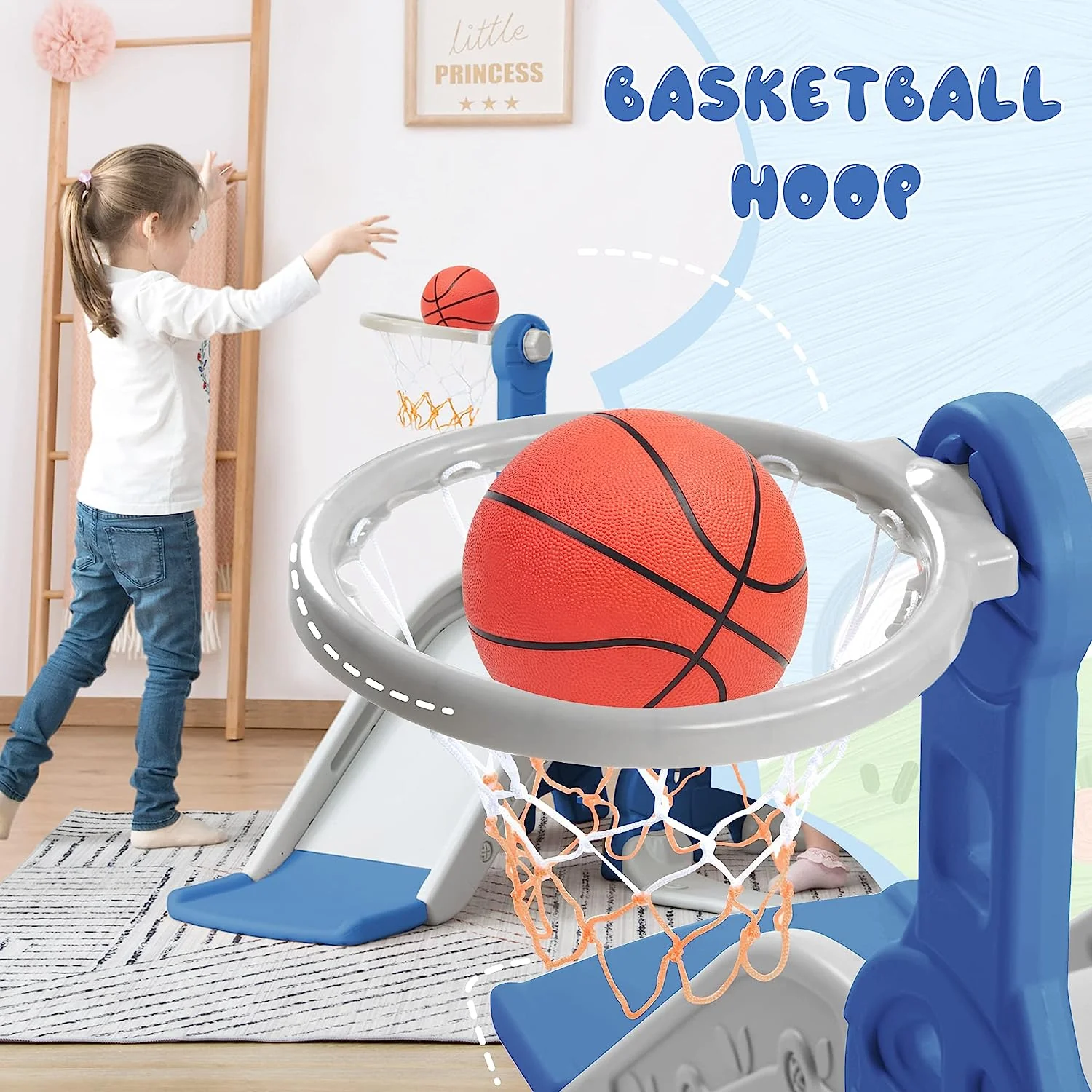 Merax 4-in-1-Rutsche für Kleinkinder, Indoor-Rutsche und Schaukel-Set für Kinder, freistehende Outdoor-Rutsche mit Basketballkorb (grüne Schaukelrutsche)