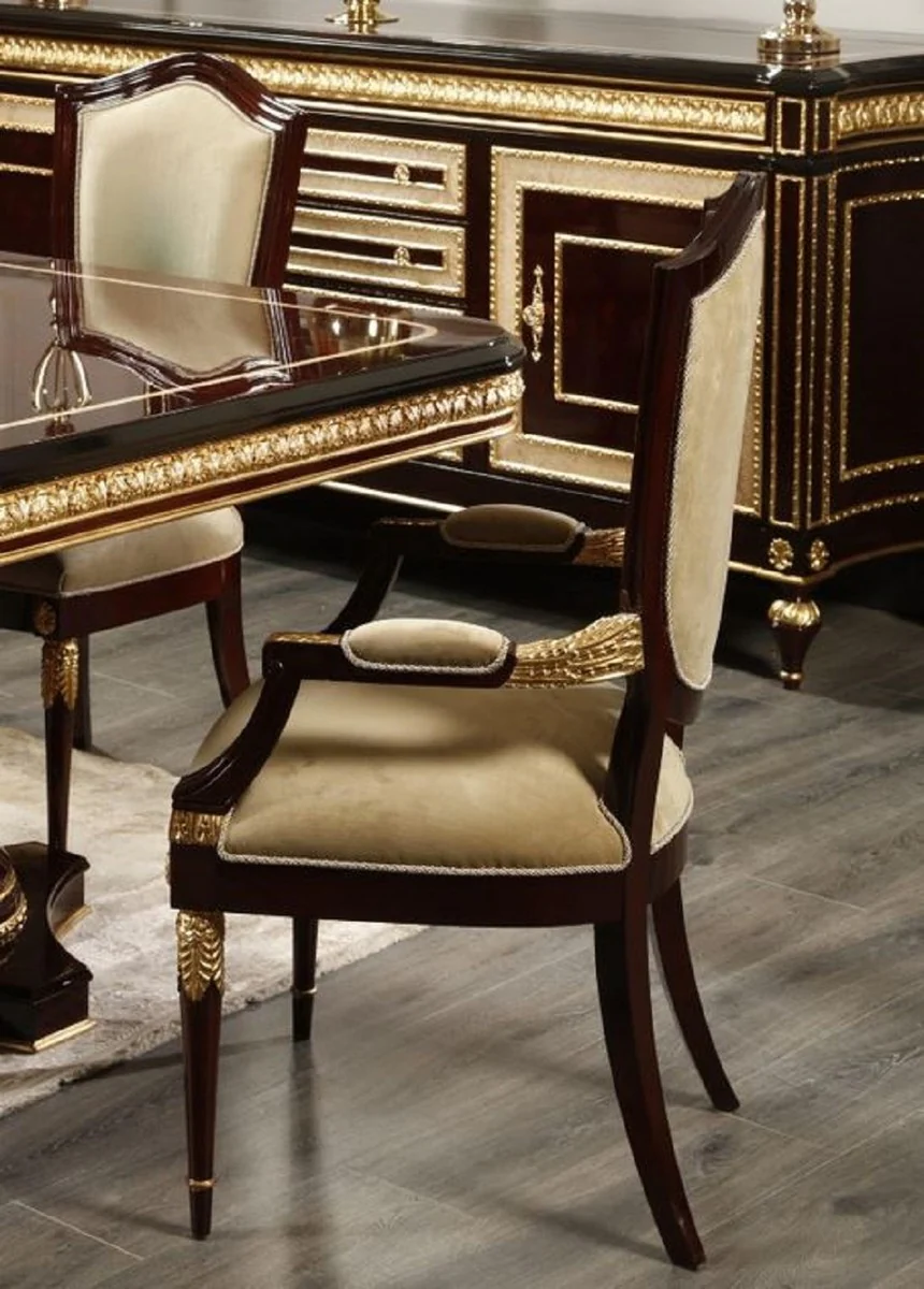 Luxury Baroque Dining Room Chair with Armrests Gold / Dark Brown / Gold - Luxury Dining Room Furniture in Baroque Style - Magnificent Baroque Furniture - Baroque Interior