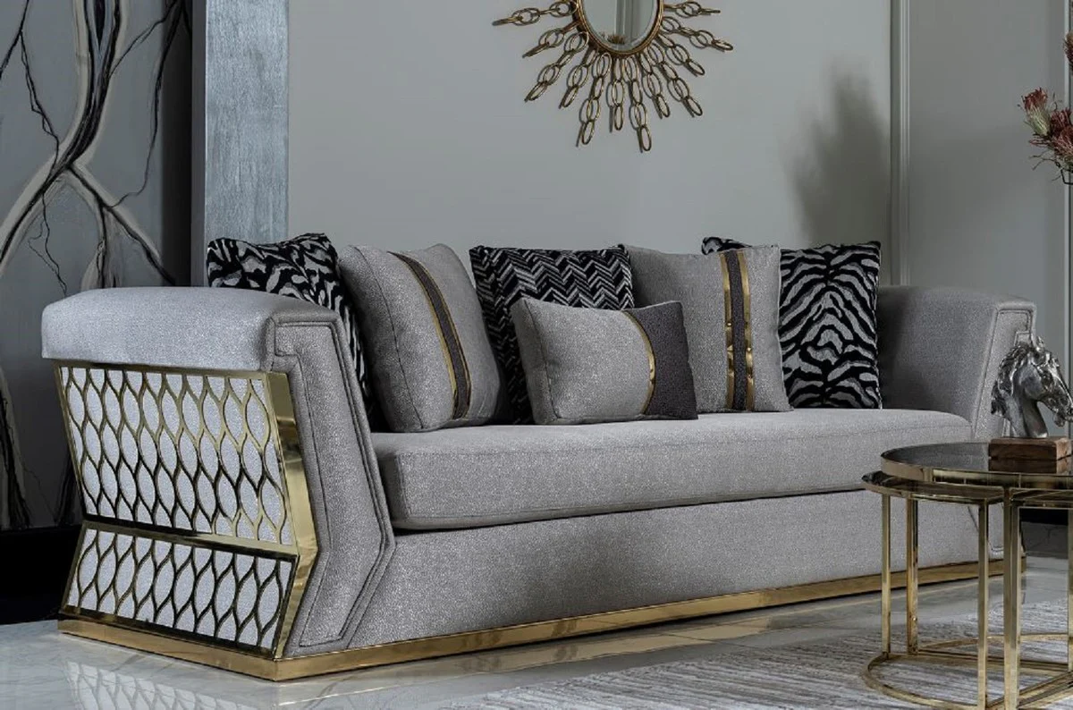 Luxury Sofa Gray / Gold - Elegant Living Room Sofa with Decorative Pillows - Luxury Living Room Furniture