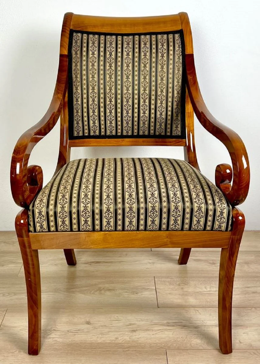 Luxury Biedermeier dining room chair with armrests and stripes brown / beige / black 60 x H. 95 cm - Solid wood kitchen chair - Solid wood dining room furniture - Biedermeier dining room furniture