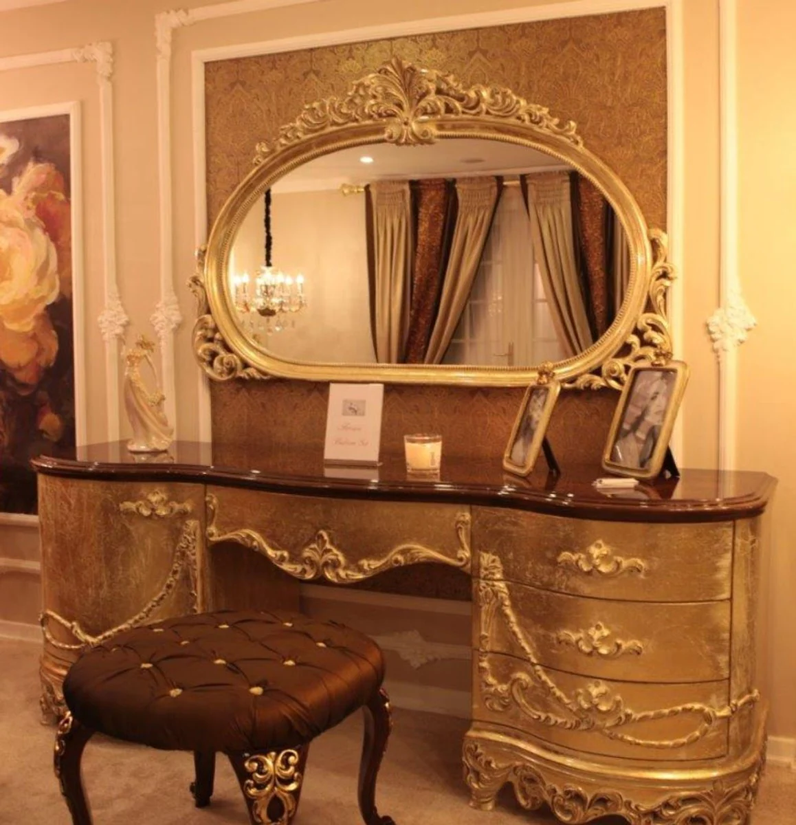 Luxury baroque bedroom set brown / gold - 1 dressing table & 1 mirror & 1 stool with rhinestones - magnificent bedroom furniture in baroque style - luxury quality