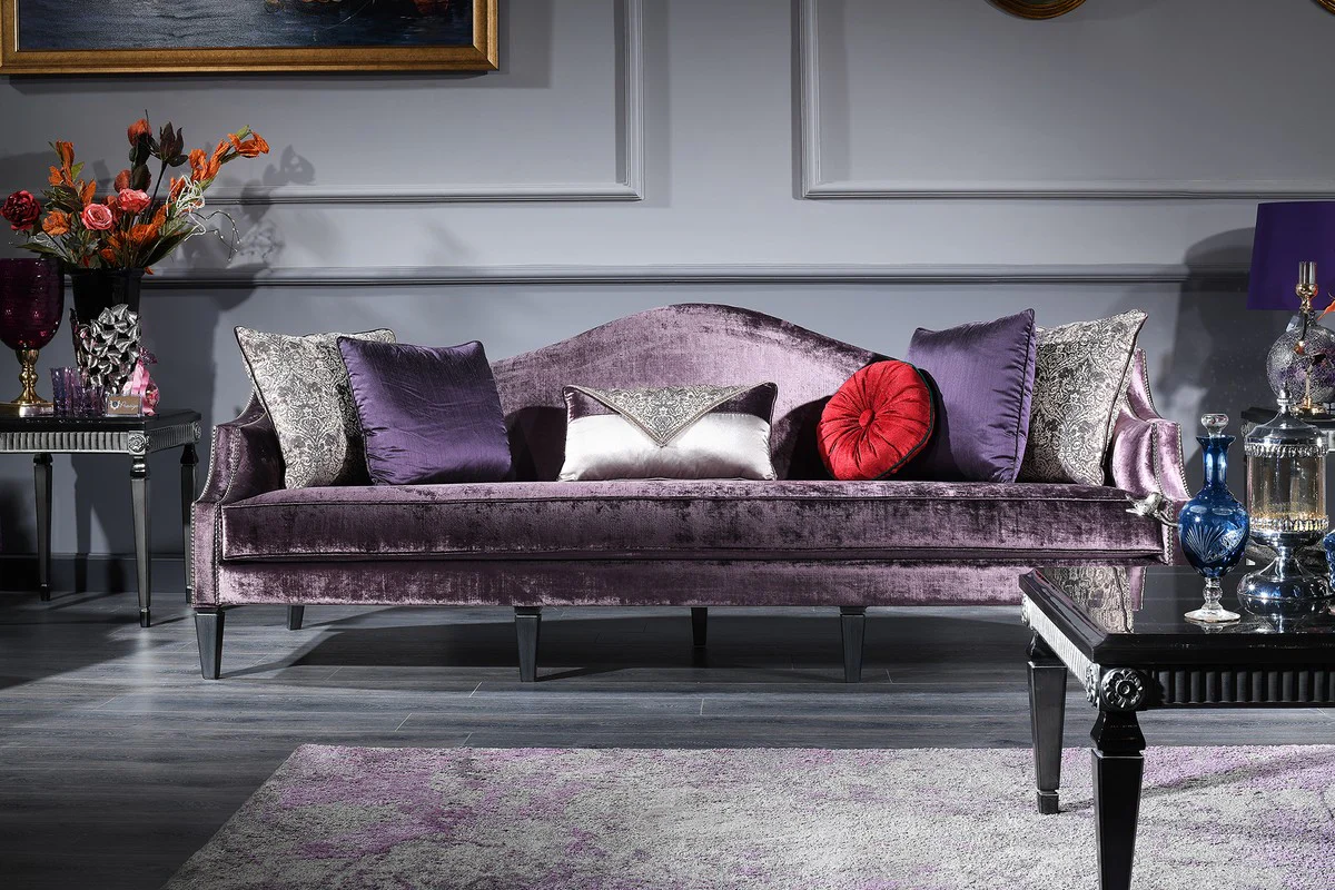 Luxury Baroque Living Room & Dining Room Set Purple / Black / Silver - Baroque Furniture