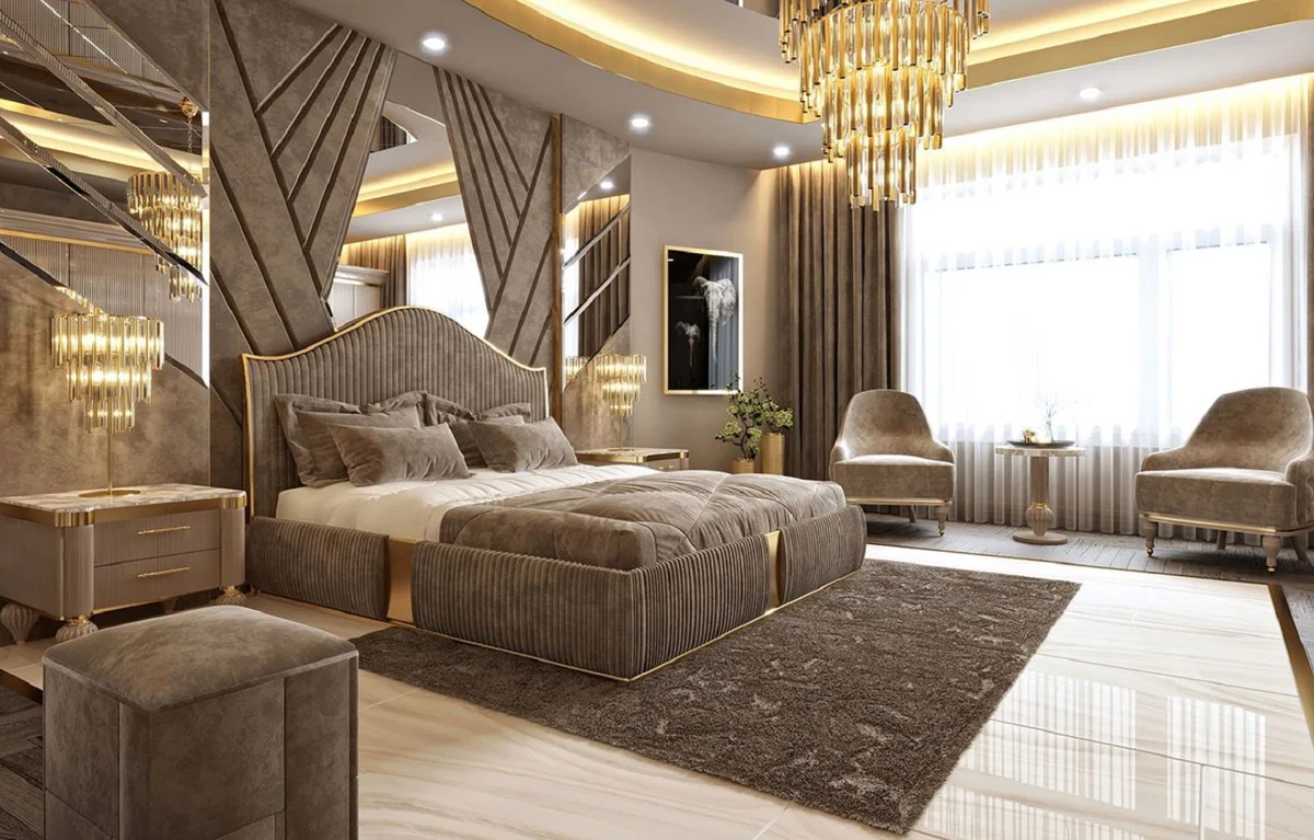 Luxury Art Deco double bed gray / gold - noble solid wood bed with headboard - Art Deco bedroom & hotel furniture - luxury collection