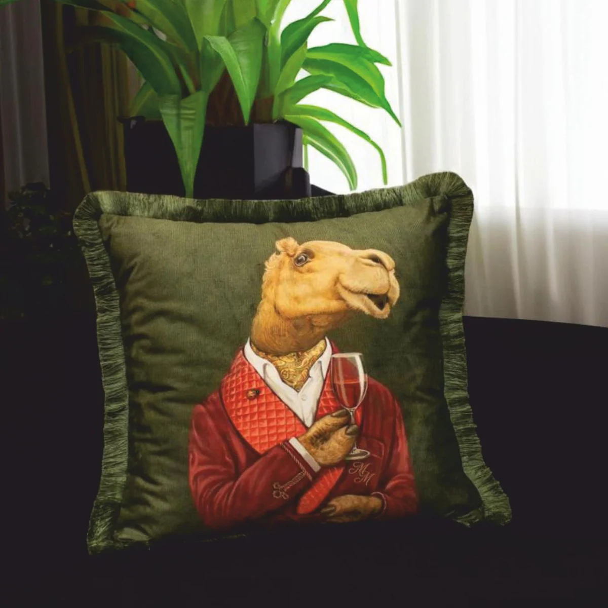 Luxury decorative velvet cushion gentleman camel green 45 x 45 cm