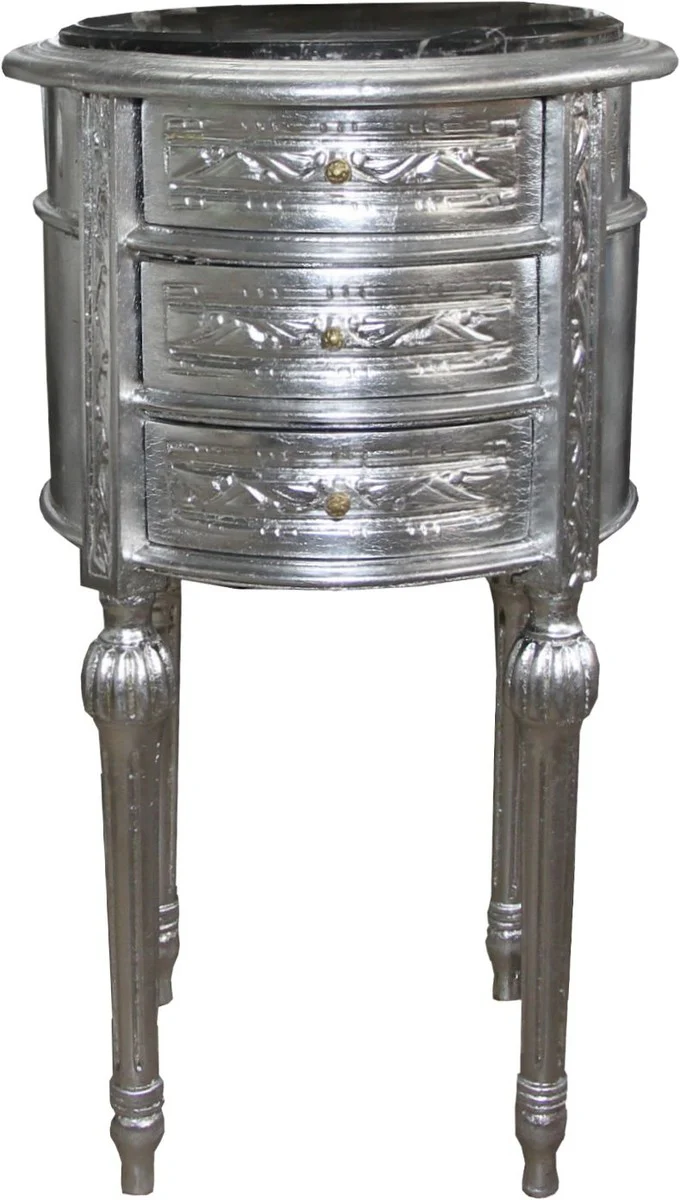 Baroque chest of drawers / side table silver with black marble top height 72 cm, diameter 41 cm - bedside table console