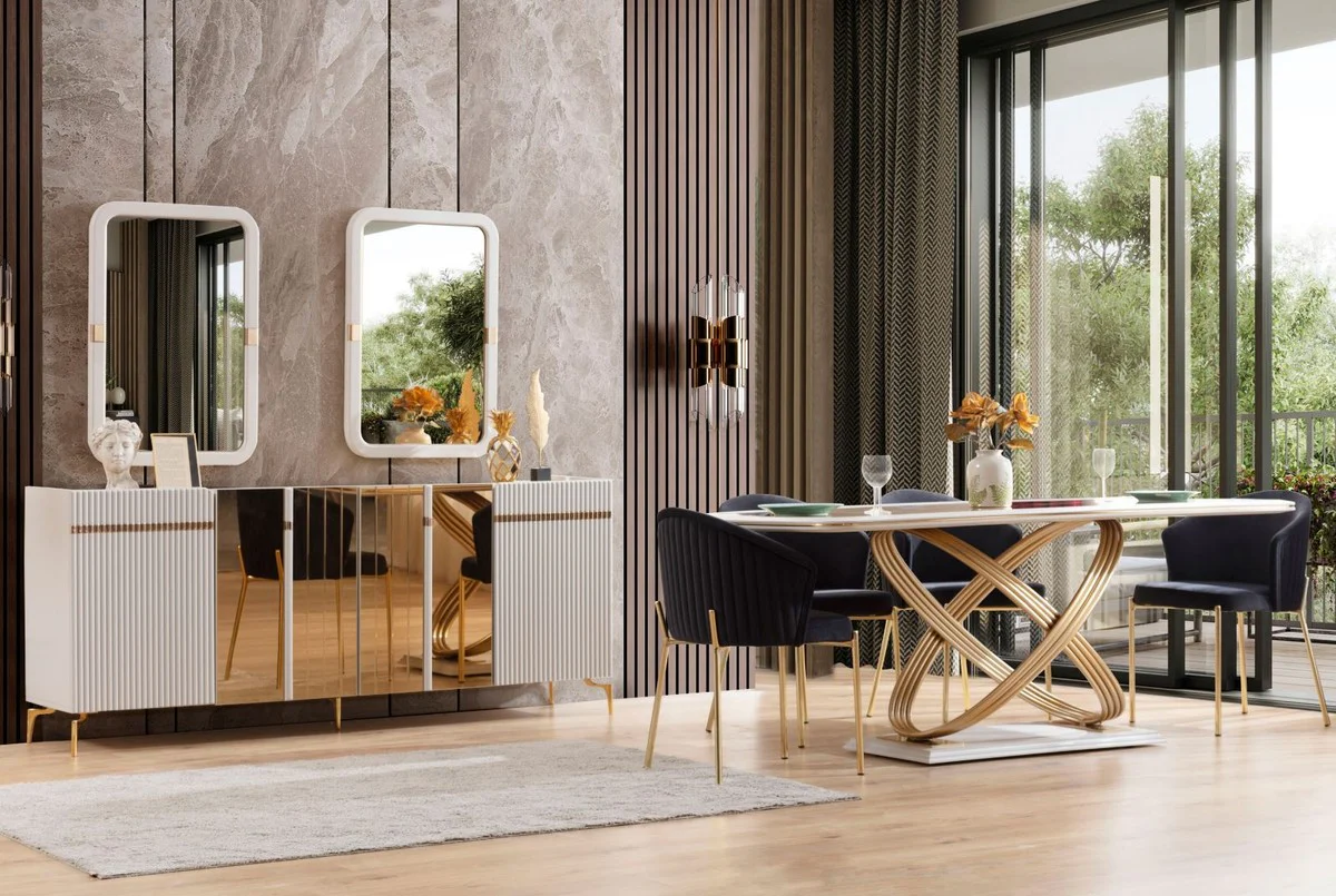 Luxury dining table with glass top white / gold 207 x 97 x H. 79 cm - Dining room furniture - Luxury furniture - Luxury collection