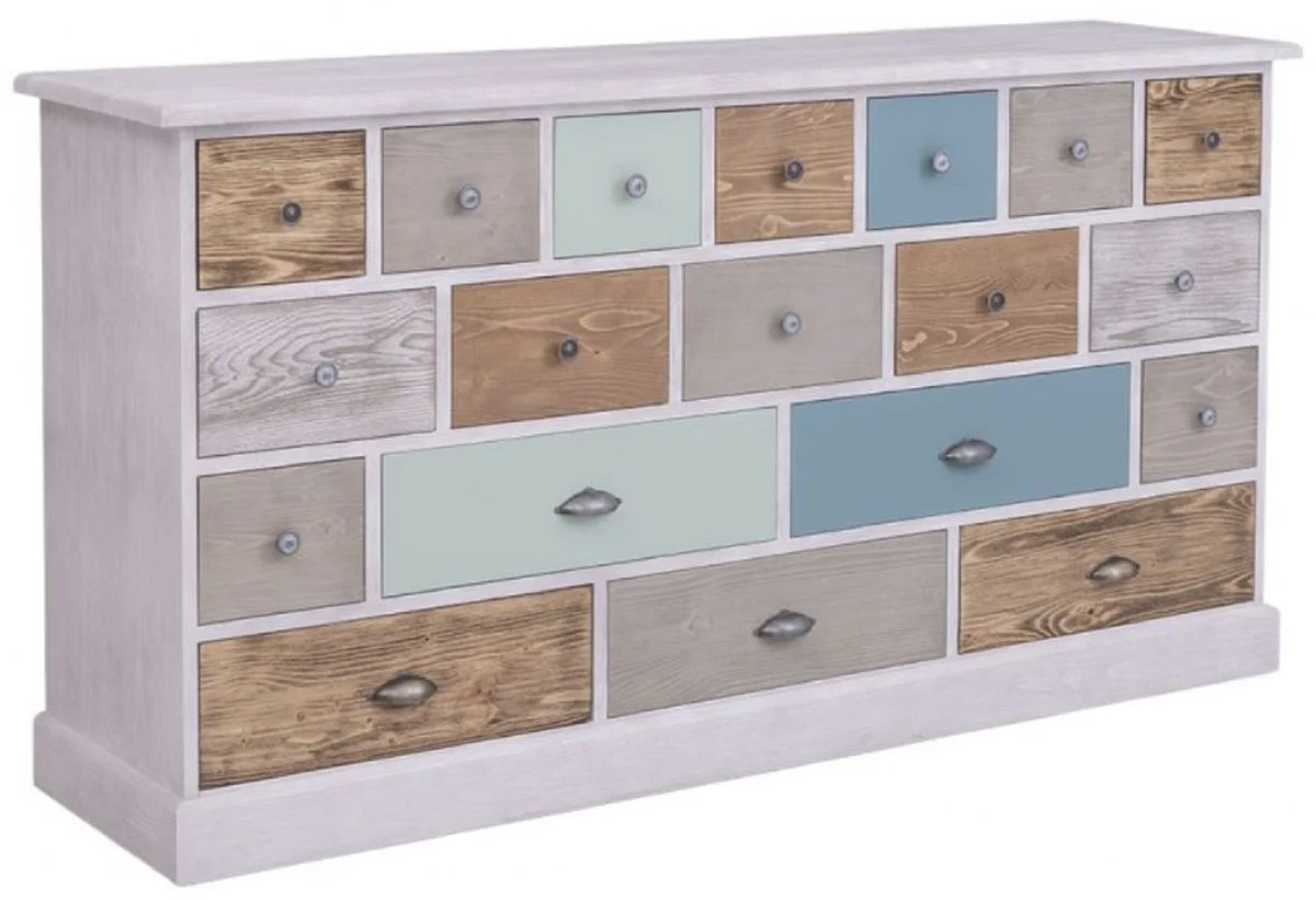 Country house style chest of drawers light gray / multicolored 180 x 48 x H. 95 cm - solid wood cabinet with 19 drawers - country house style furniture - furniture in country house style - country house style furnishings