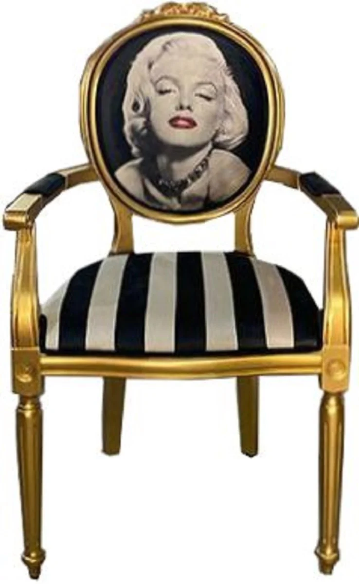 Baroque dining room chair Marilyn Monroe black / white / gold - handmade antique style chair with armrests - dining room furniture in baroque style