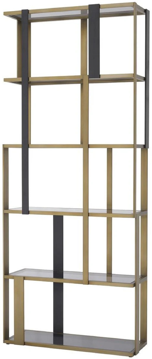 Luxury shelf cabinet brass / matt black / gray 100 x 37 x H. 240.5 cm - stainless steel cabinet with 5 glass shelves - living room cabinet - office cabinet - luxury furniture