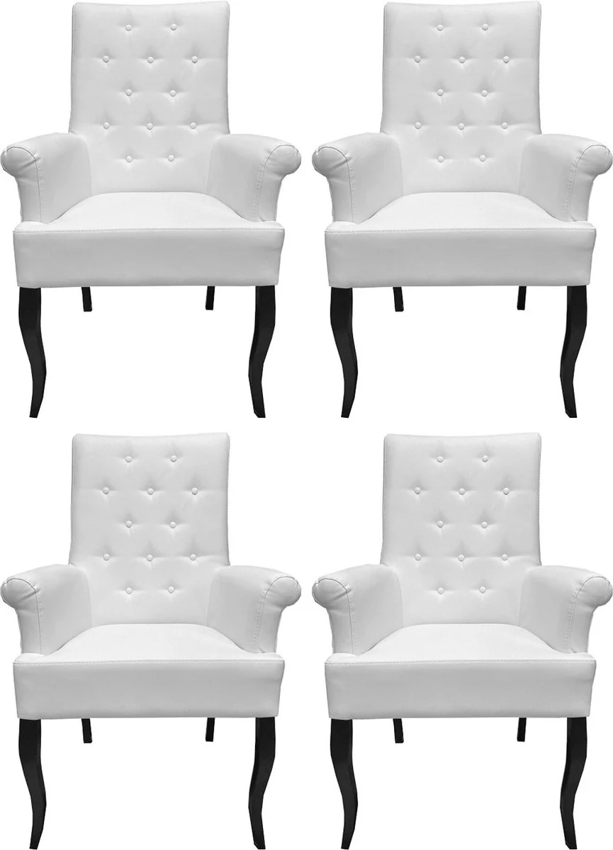 Chesterfield Neo Baroque Dining Chair Set of 4 White / Black - Faux Leather Chairs with Armrests - Baroque Furniture