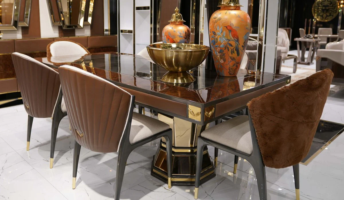 Luxury dining room set natural colors / brown / gray / gold - 1 luxury dining table & 6 luxury dining room chairs - dining room furniture - luxury furniture - luxury furnishings - dining room furnishings