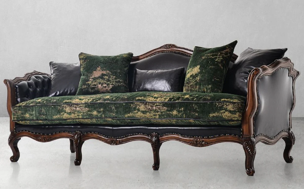 Luxury Baroque Leather Sofa Black / Green / Brown - Magnificent Living Room Sofa with High-Quality Genuine Leather - Luxury Living Room Furniture in Baroque Style - Baroque Furniture - Noble & Magnificent