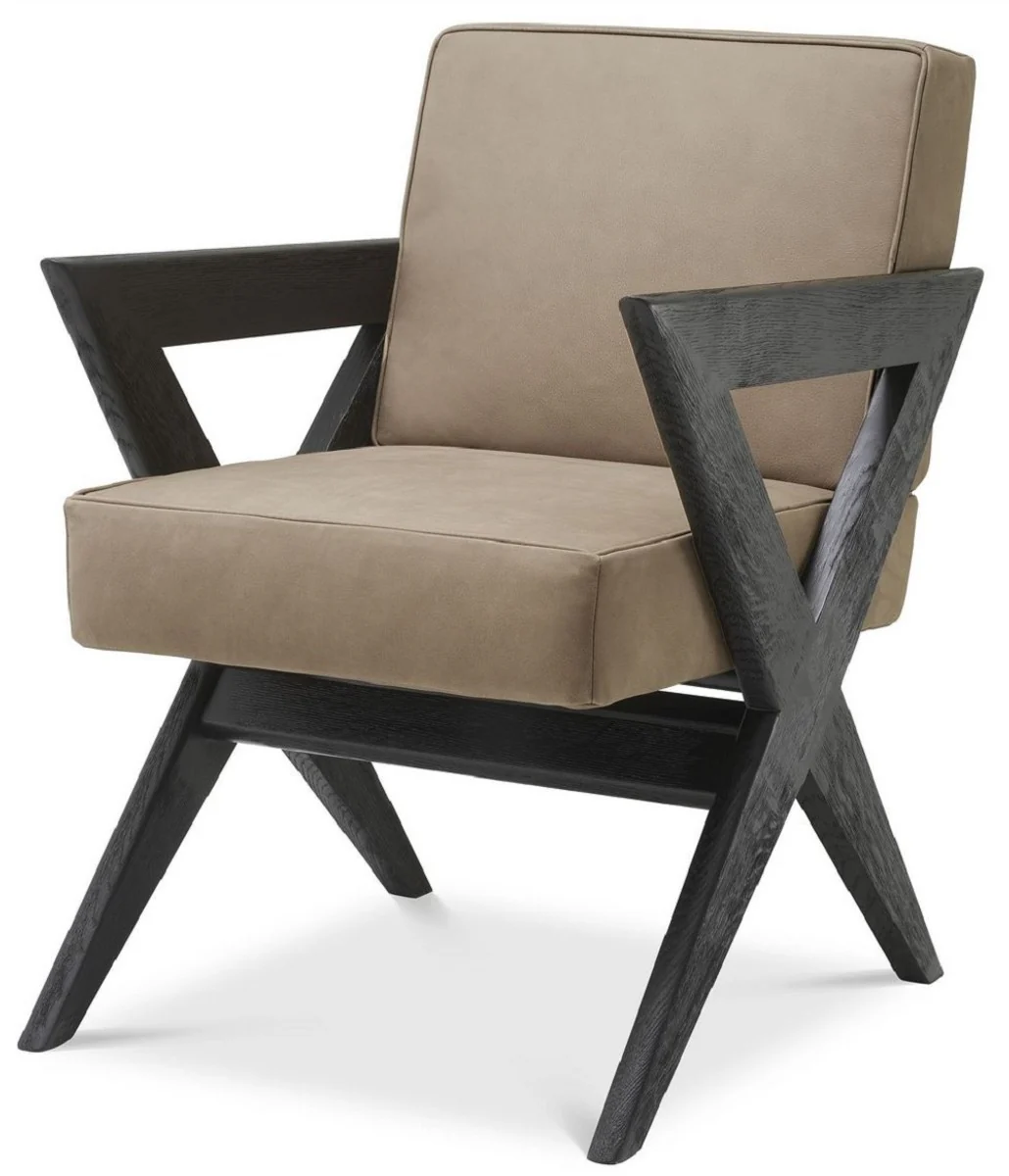 Luxury genuine leather dining room chair with armrests beige / black 59 x 74 x H. 88 cm - kitchen chair with elegant nubuck buffalo leather - luxury dining room furniture