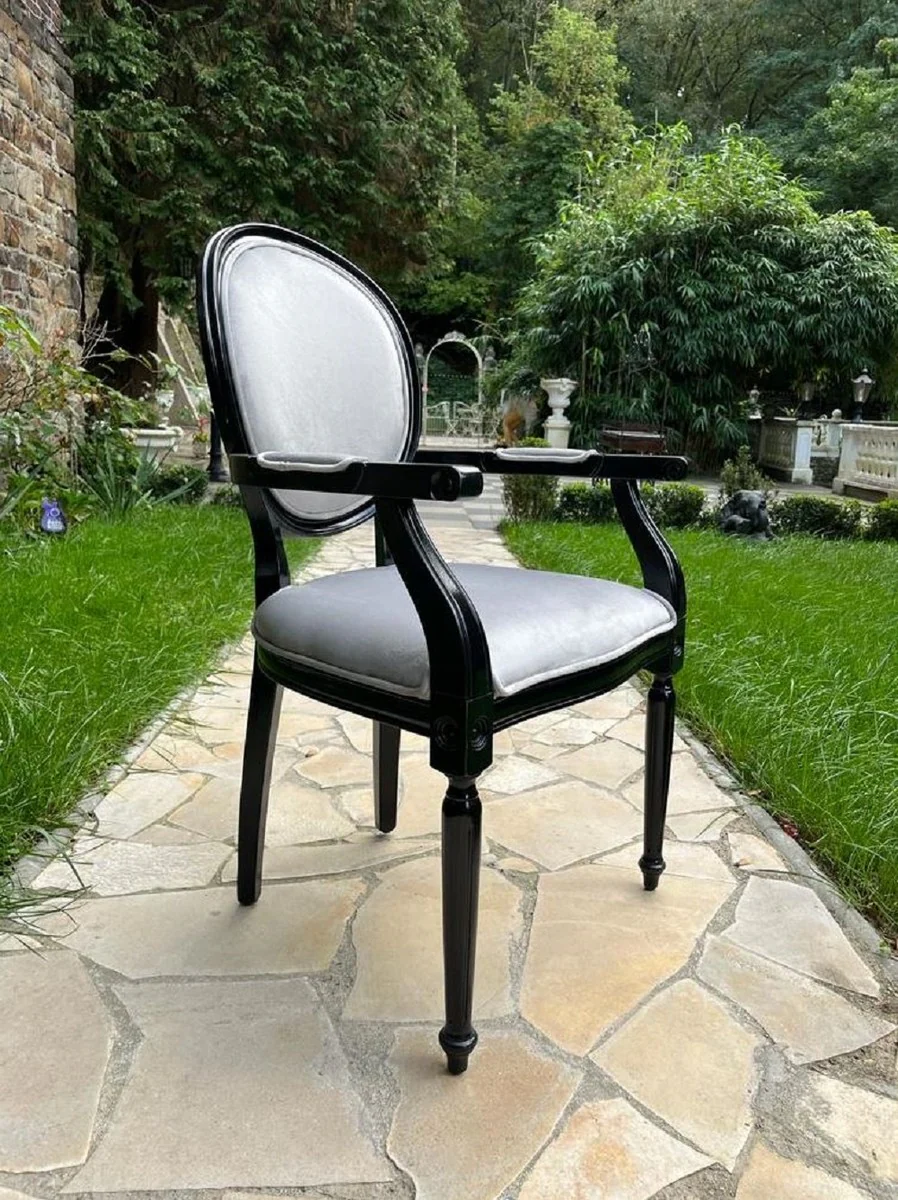 Luxury baroque dining room chair gray / black - handmade antique style chair with armrests and elegant velvet fabric - dining room furniture in baroque style