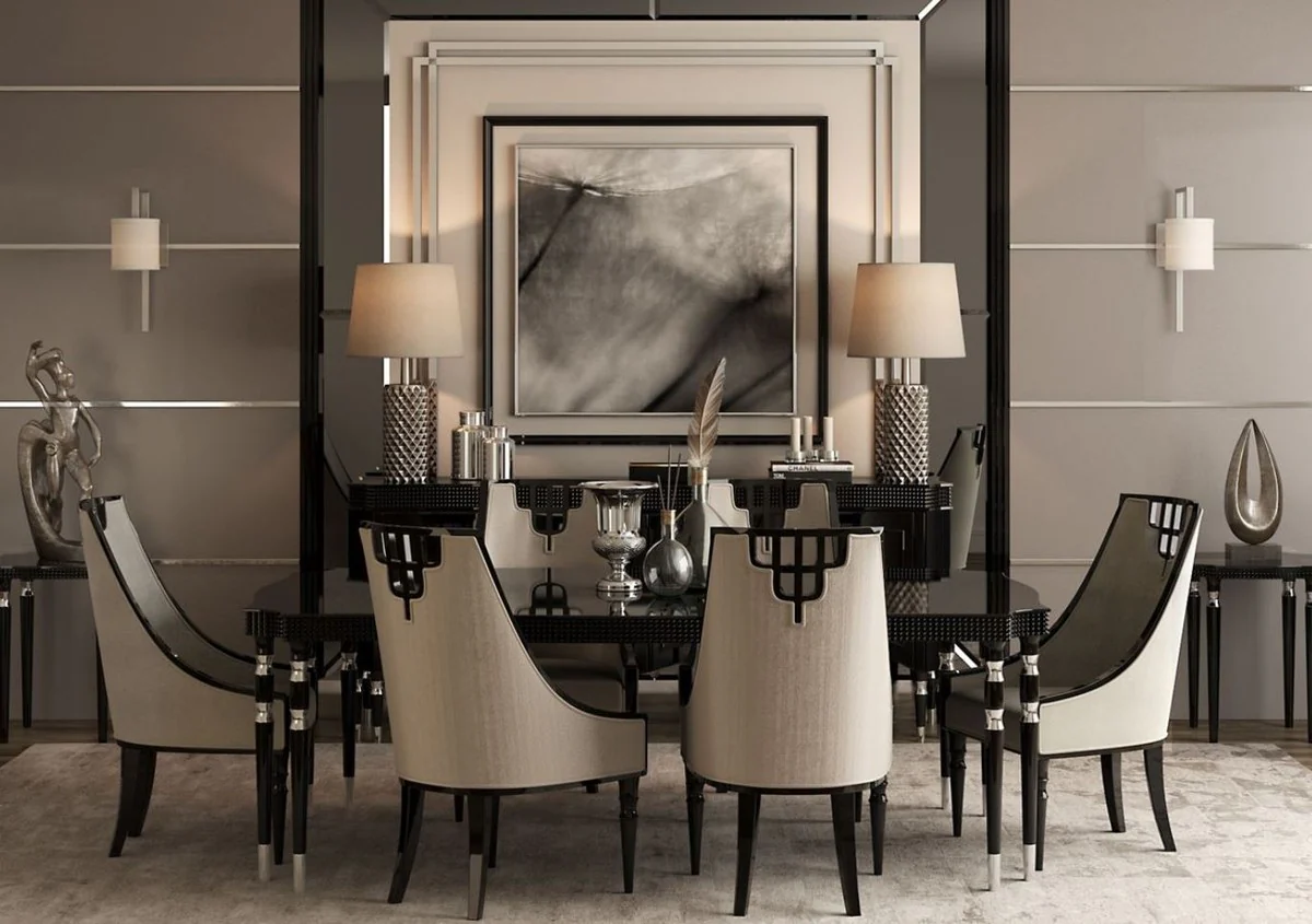 Luxury Art Deco Dining Room Set Gray / Black / Silver - 1 Dining Table & 6 Dining Chairs - Art Deco Dining Room Furniture - Luxury Quality
