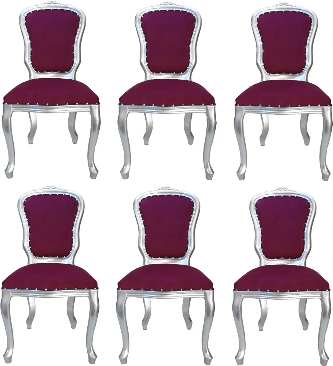 Luxury baroque dining room set Louis purple / silver 50 x 60 x H. 104 cm - 6 handmade dining chairs - Baroque dining room furniture - Made in Italy