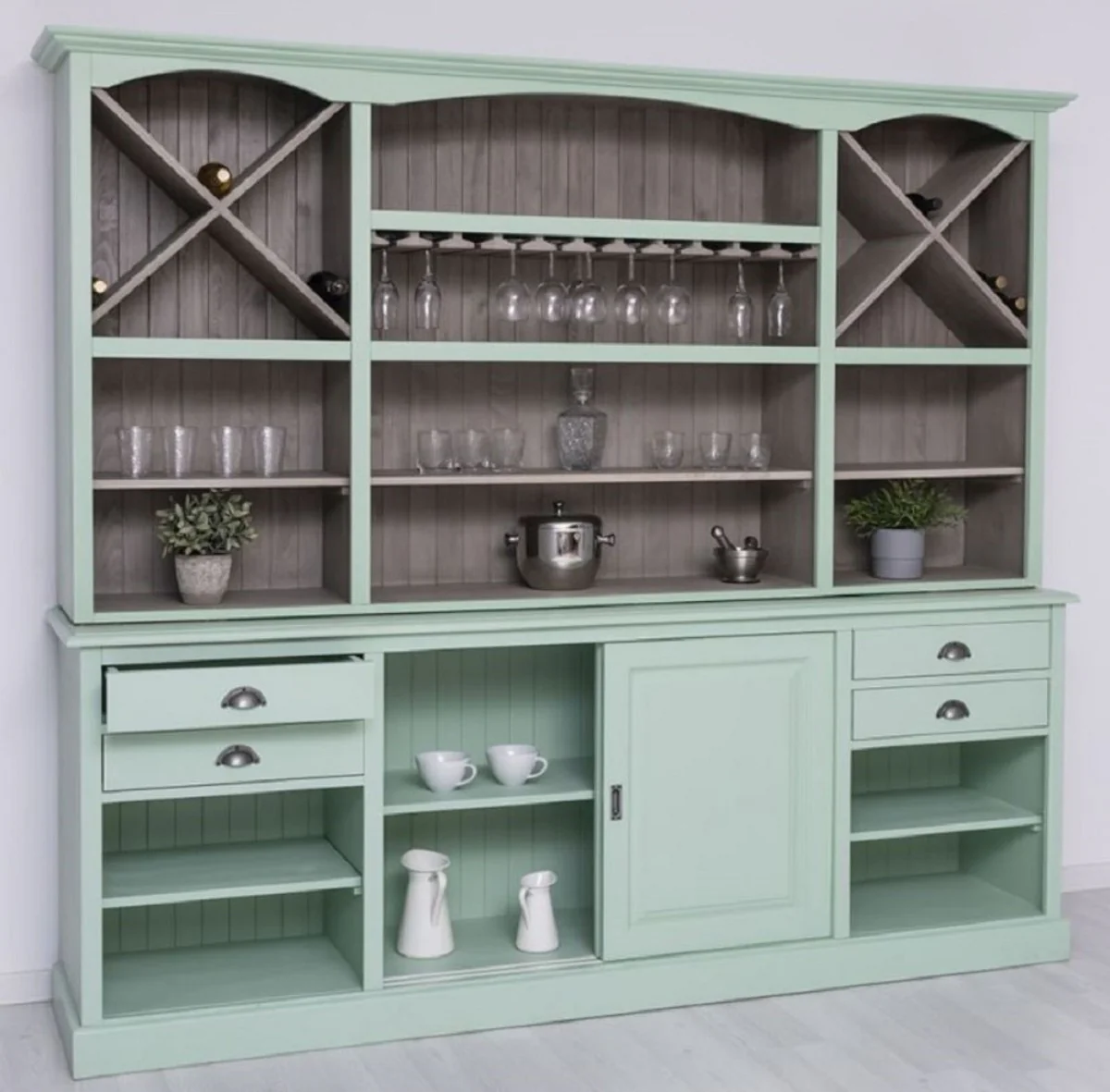 Country house style bar cabinet mint green / gray 240 x 50 x H. 210 cm - Solid wood wine cabinet in country house style - Country house style furniture - Bar furniture in country house style - Country house style furnishings