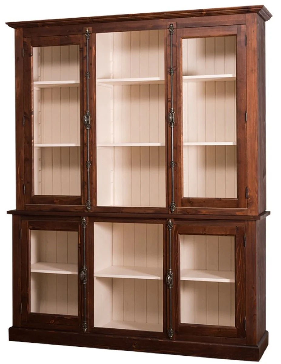 Country house style living room cabinet dark brown / cream 184 x 48 x H. 228 cm - solid wood display cabinet with 4 glass doors