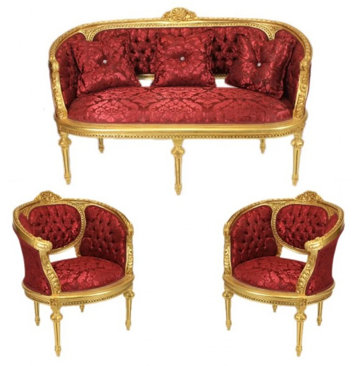 Barock Wohnzimmer Set Marseille Bordeaux Muster / Gold - Sofa + 2 Sessel