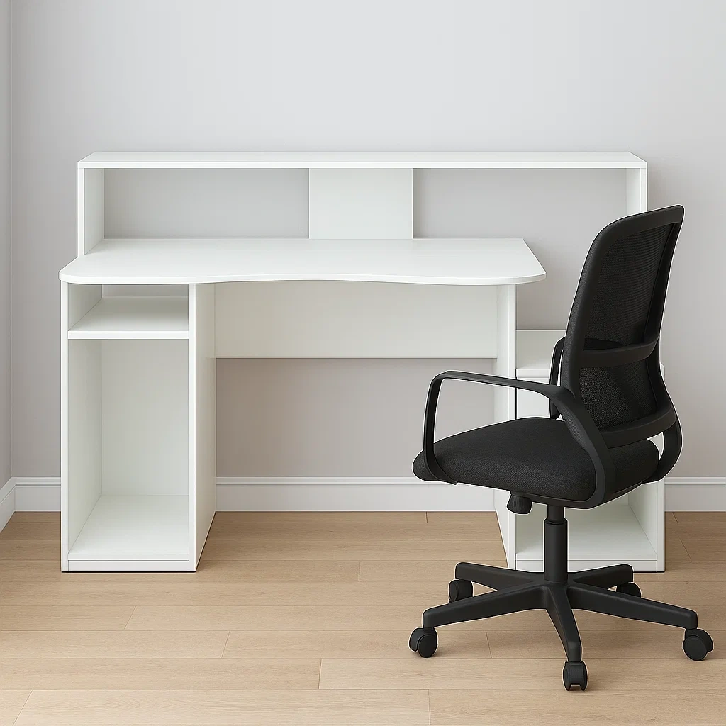 Computertisch, Holz und Metall, schwarz-weiß, mit Regalen und Drehstuhl, 150 x 60 x 90 cm, für Büro und Zuhause - iMCOiVWnBCVz