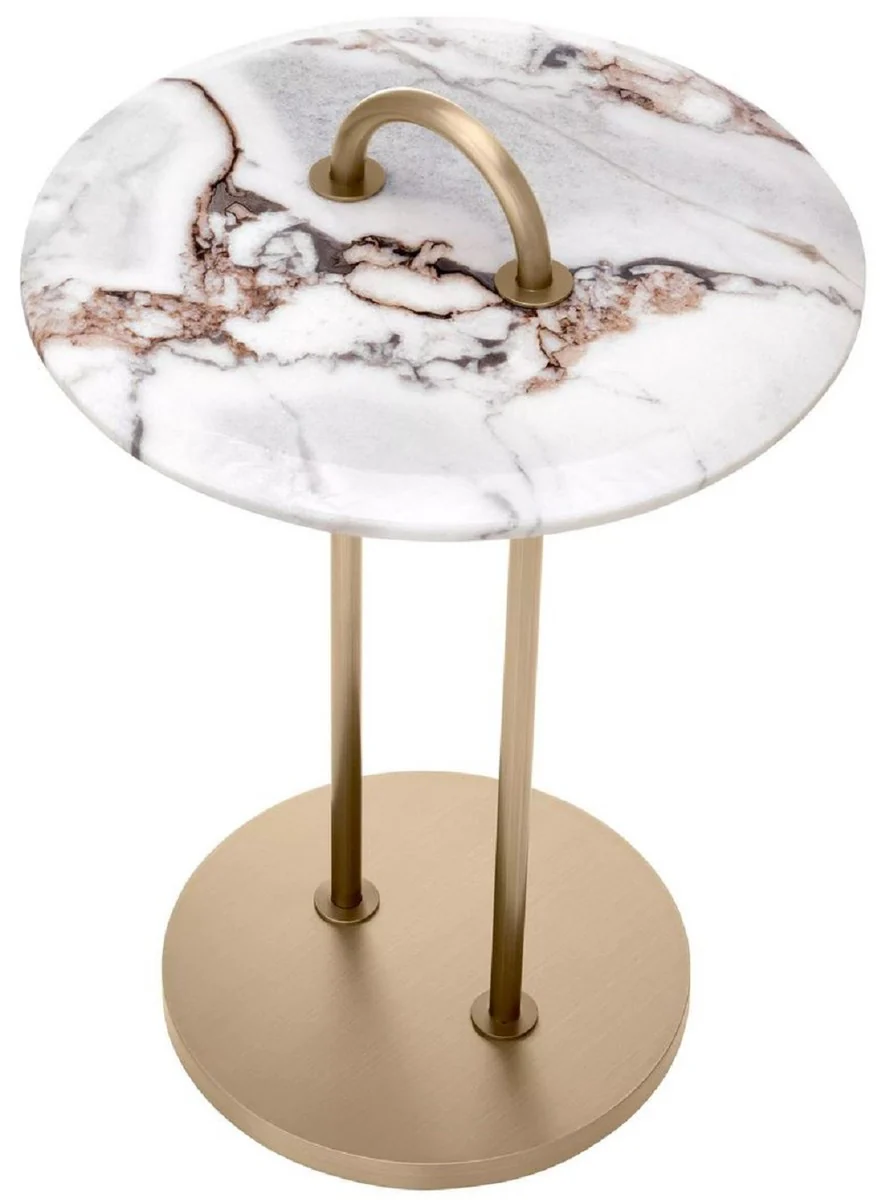 Luxury side table brass / white Ø 38.5 x H. 58 cm - Round table with marble top and carrying handle - Living room furniture - Luxury furniture - Living room furnishings - Luxury quality