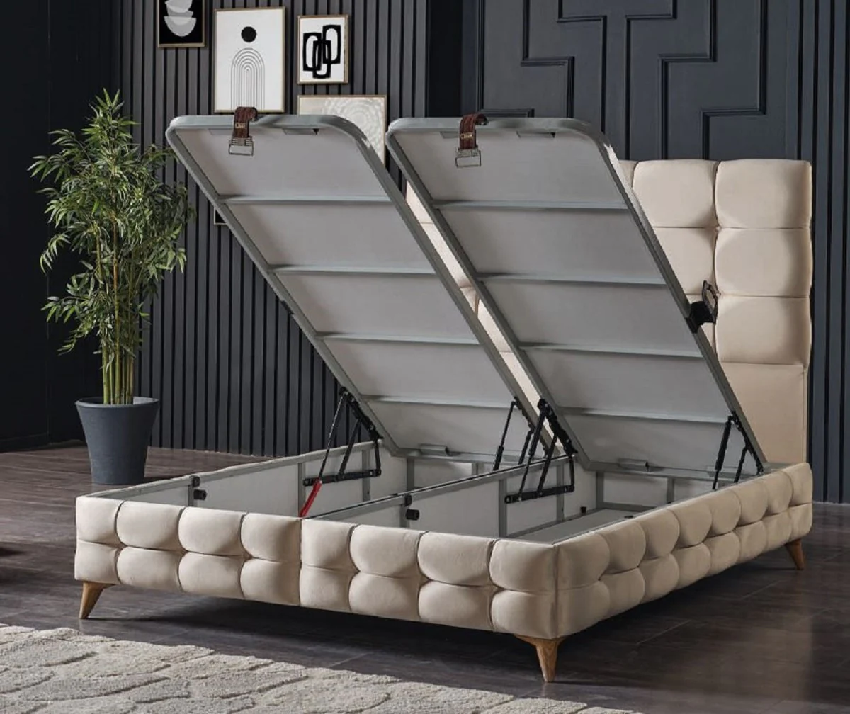 Luxury double bed cream / white / brown 180 x 200 cm - solid wood bed with headboard and mattress - bedroom furniture - hotel furniture - luxury furniture - luxury furnishings