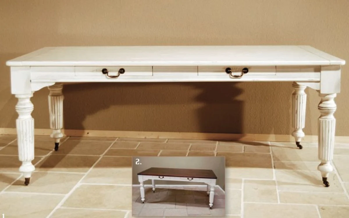 Vintage pine dining table antique style white rustic solid with drawers - country house style table pine wood