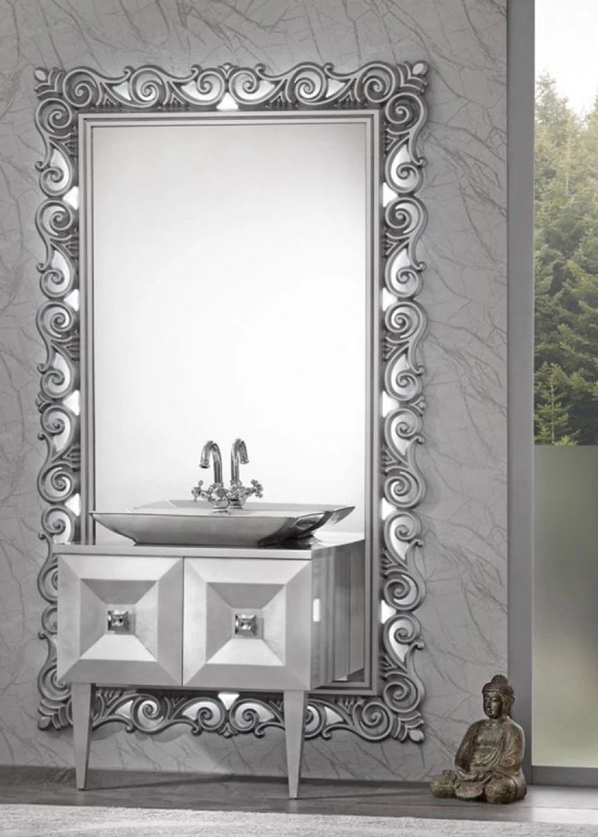 Luxury Baroque Bathroom Set Silver - Vanity unit with sink and wall mirror - Magnificent bathroom furniture in the Baroque style
