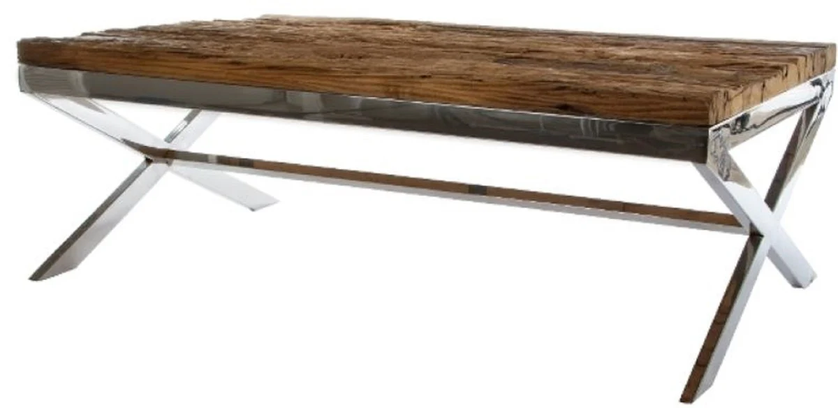 Luxury coffee table brown / silver 130 x 80 x H. 45 cm - living room table with rustic surface and additional glass top