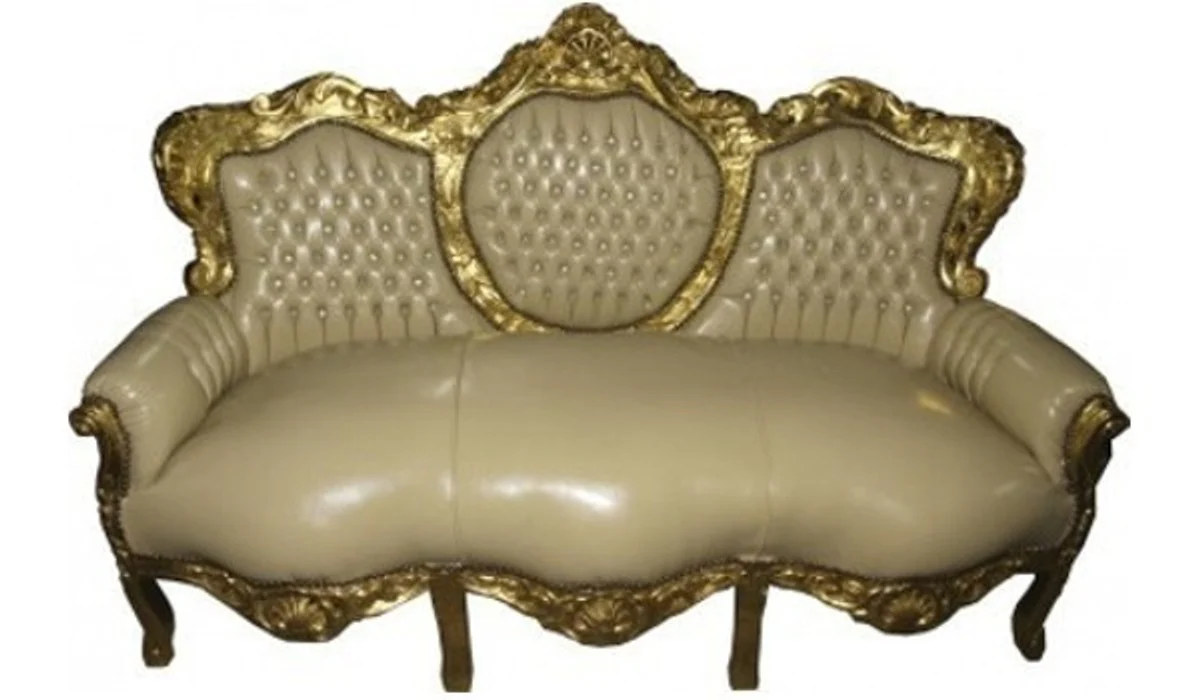 Baroque Sofa King Cream Leather Look / Gold - Furniture Antique Style
