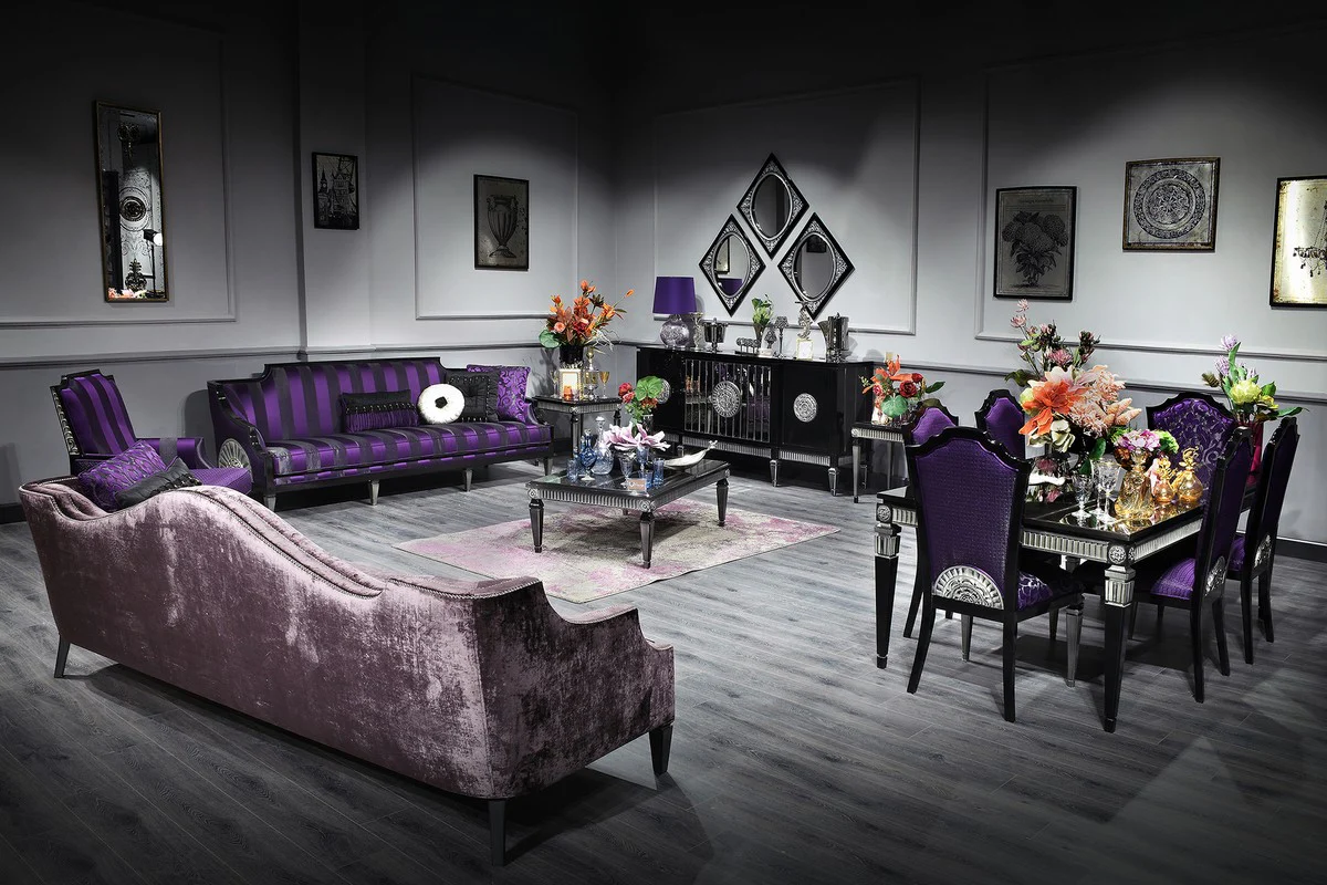 Luxury Baroque Living Room & Dining Room Set Purple / Black / Silver - Baroque Furniture