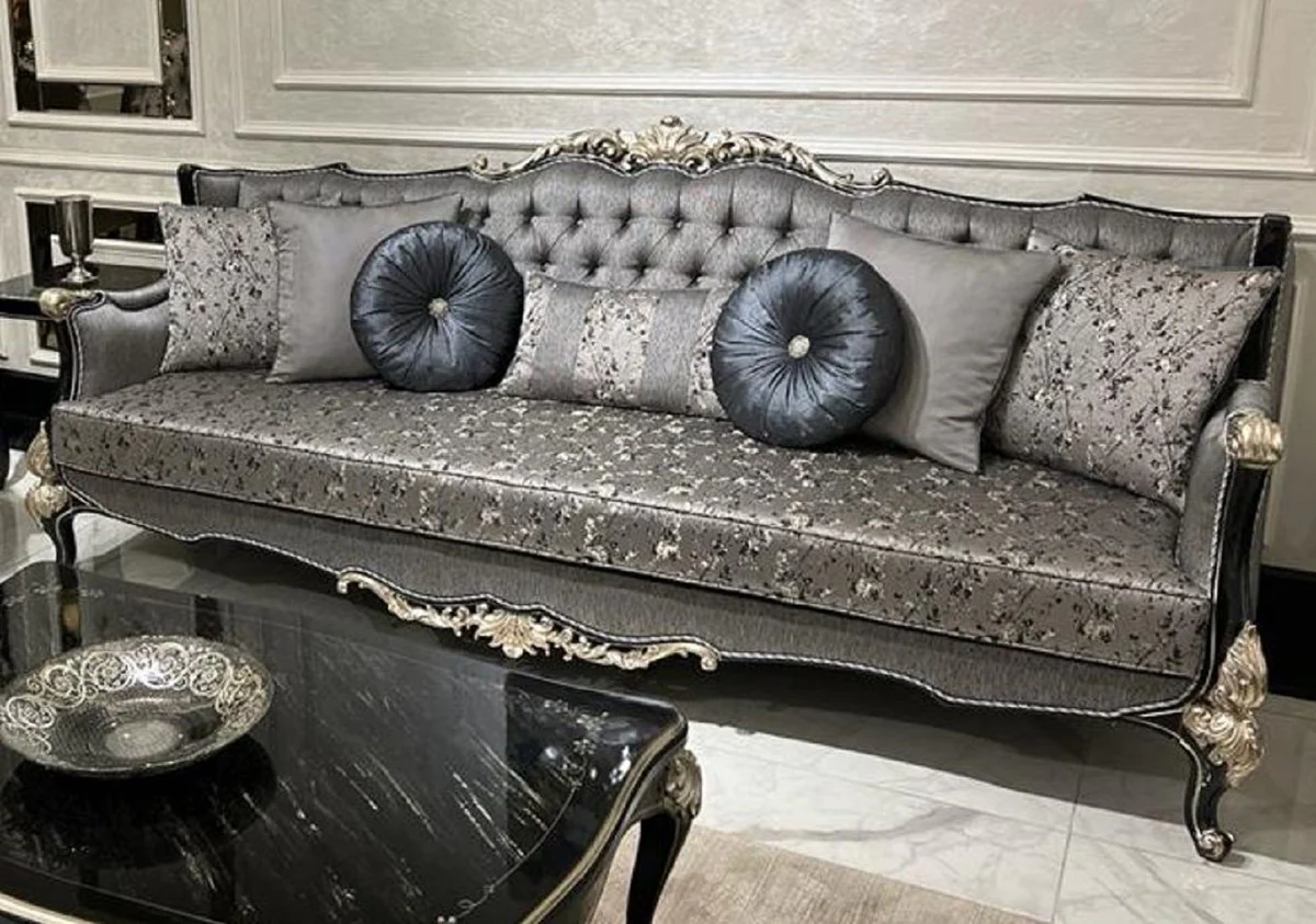 Luxury Baroque Sofa Silver / Black / Silver - Handmade living room sofa with elegant pattern and decorative pillows - Living room furniture in baroque style
