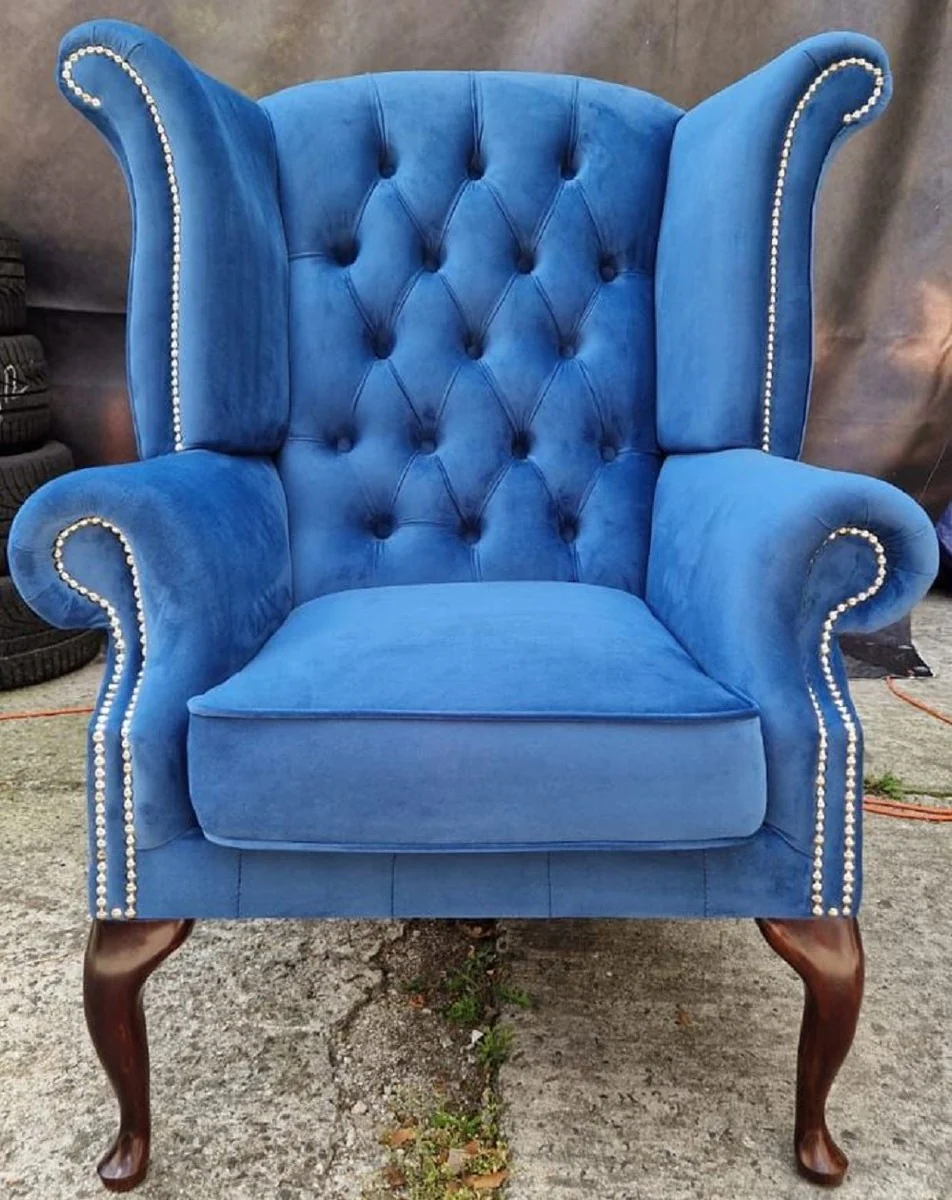 Luxury Chesterfield wing chair blue / dark brown 98 x 90 x H. 110 cm - Chesterfield velvet armchair - living room furniture - Chesterfield furniture - luxury furniture