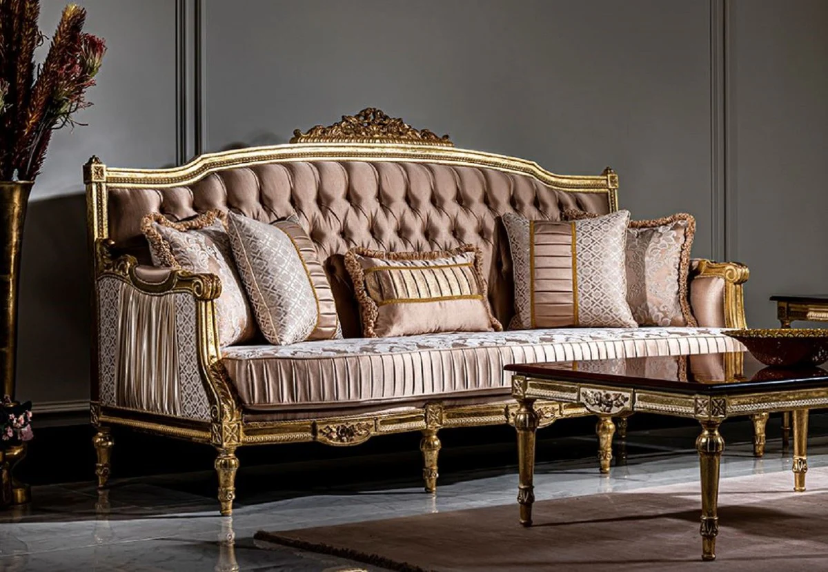 Luxus Barock Wohnzimmer Set Rosa / Weiß / Gold - 2 Sofas & 2 Sessel & 1 Couchtisch - Prunkvolle Wohnzimmer Möbel im Barockstil