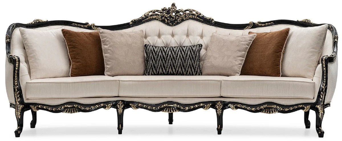 Luxury Baroque Living Room Sofa Cream / Black / Gold - Handmade Baroque Style Sofa with Decorative Cushions - Luxury Living Room Furniture in Baroque Style - Baroque Furniture - Noble & Magnificent