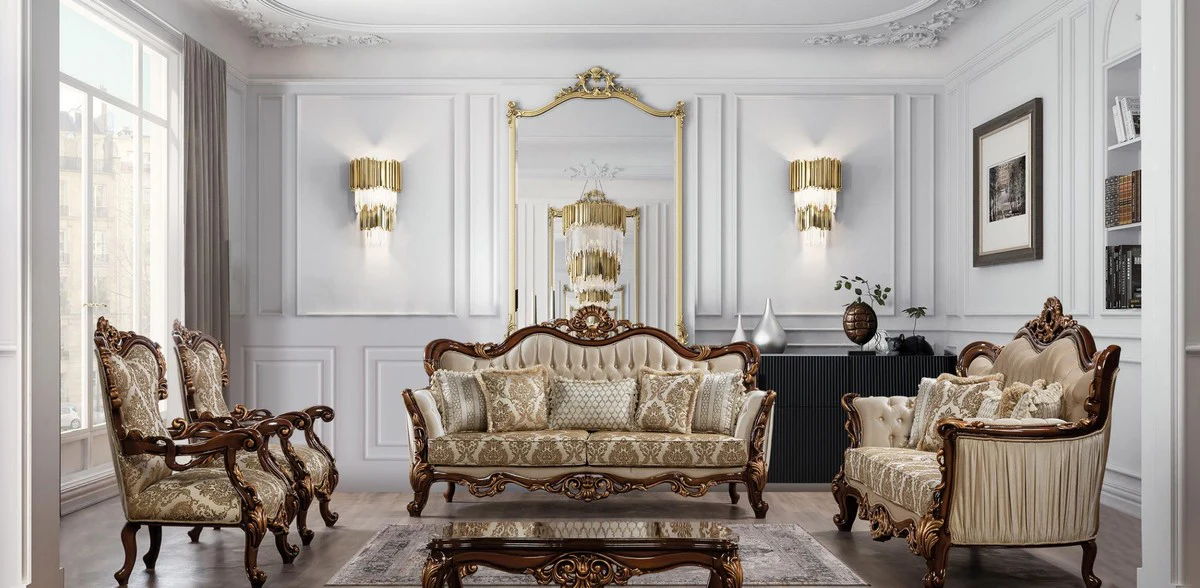 Luxus Barock Wohnzimmer Set Beige / Braun / Kupferfarben - 2 Barock Sofas mit Muster & 2 Barock Sessel mit Muster & 1 Barock Couchtisch - Barock Wohnzimmer Möbel