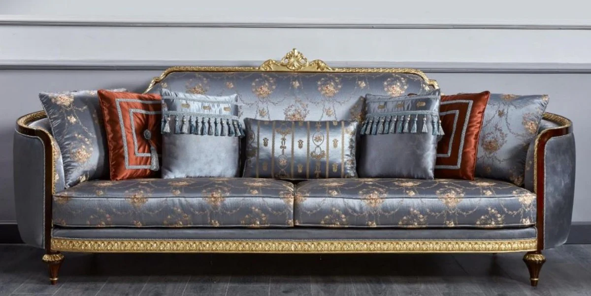 Luxury Baroque Sofa Blue / Dark Brown / Gold - Magnificent Living Room Sofa - Baroque Style Living Room Furniture - Luxury Furniture in Baroque Style - Baroque Furnishings - Noble & Magnificent