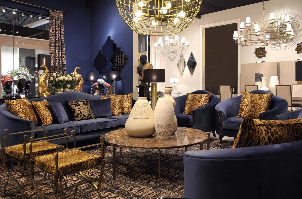 Luxury baroque velvet sofa blue / dark brown 280 x 90 x H. 100 cm - Noble living room sofa with decorative pillows - Baroque living room furniture - Luxury quality