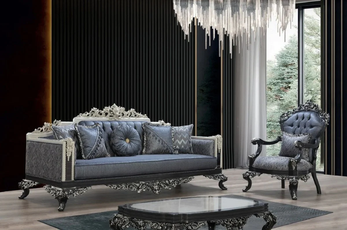 Luxury Baroque Sofa Blue / Gray / White / Black / Silver - Magnificent Living Room Sofa with Elegant Pattern - Baroque Living Room & Hotel Furniture - Noble & Magnificent