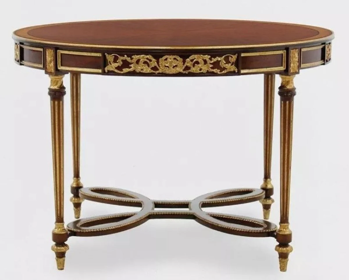 Luxury Baroque Dining Table Dark Brown / Brown / Antique Gold - Round Baroque Style Solid Wood Kitchen Table - Luxury Dining Room Furniture in Baroque Style - Baroque Dining Room Furniture