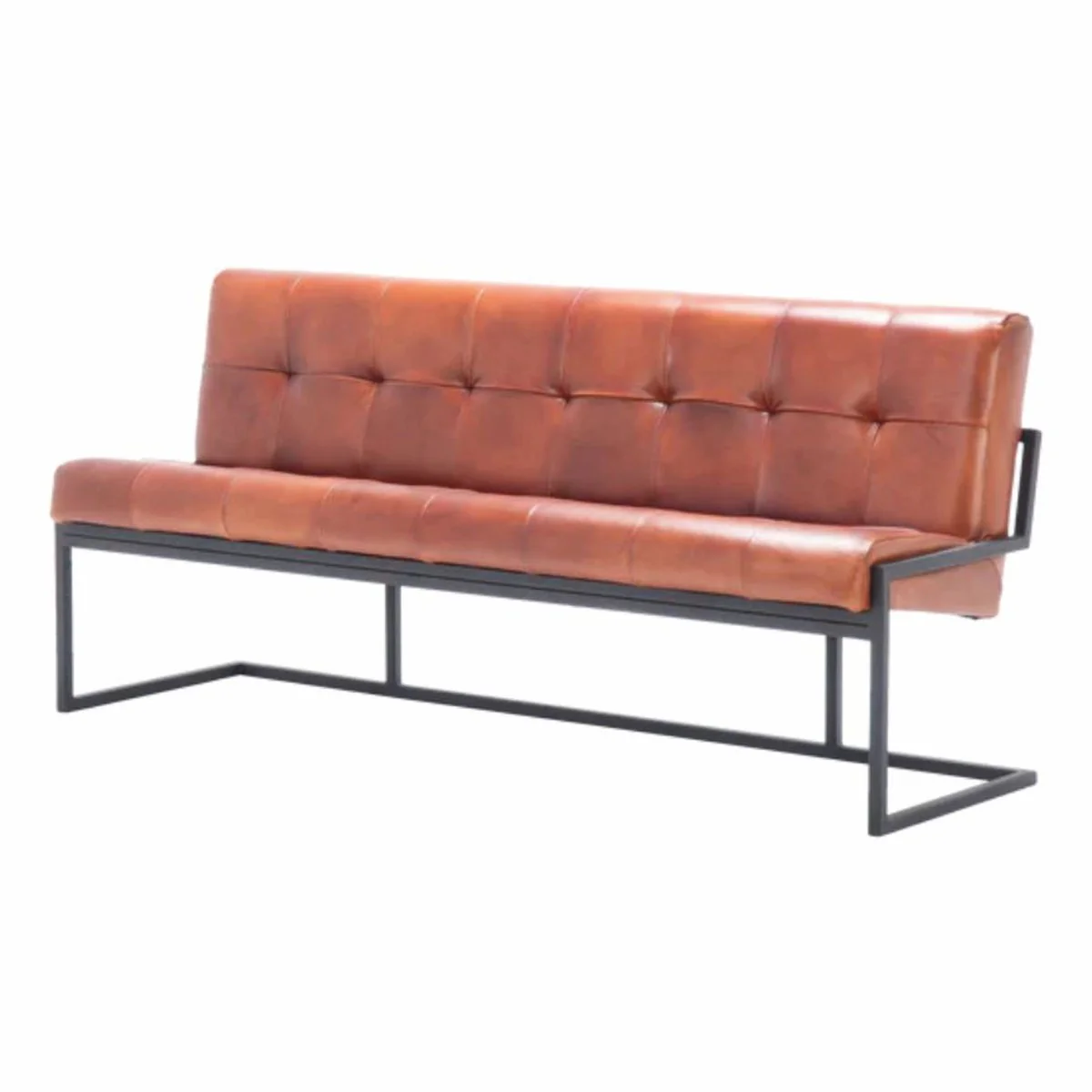 Luxury Chesterfield genuine leather bench light brown / black 200 cm - genuine leather furniture