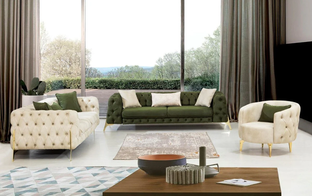 Luxury Chesterfield sofa bed dark green / gold 250 x 95 x H. 72 cm - Modern living room sofa - Chesterfield living room furniture