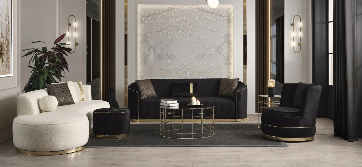 Luxury velvet 3-seater sofa black / gold 240 x 95 x H. 74 cm - living room sofa with elegant velvet fabric - living room furniture - luxury furniture - living room furnishings - luxury furnishings