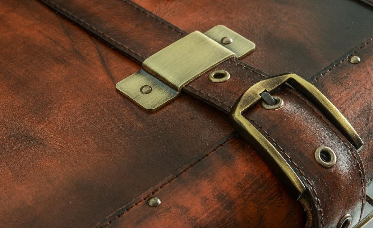 Luxury leather minibar in suitcase look brown / black / brass 45.5 x 45.5 x H. 73 cm - real leather minibar - bar furniture - real leather furniture - luxury furniture in suitcase look