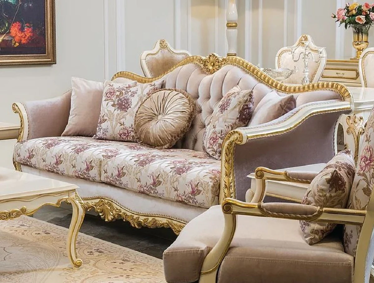 Luxus Barock Wohnzimmer Set Rosa / Weiß / Gold - 2 Barock Sofas & 2 Barock Sessel & 1 Barock Couchtisch - Wohnzimmer Möbel im Barockstil - Barock Möbel - Barock Einrichtung